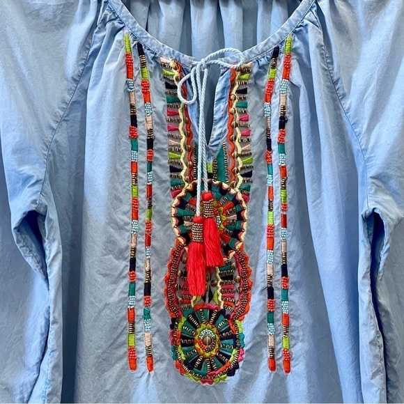 Soft Surroundings Top Peasant Cotton Poplin Embroidered Tassel Artsy Boho Blue L - Picture 5 of 7